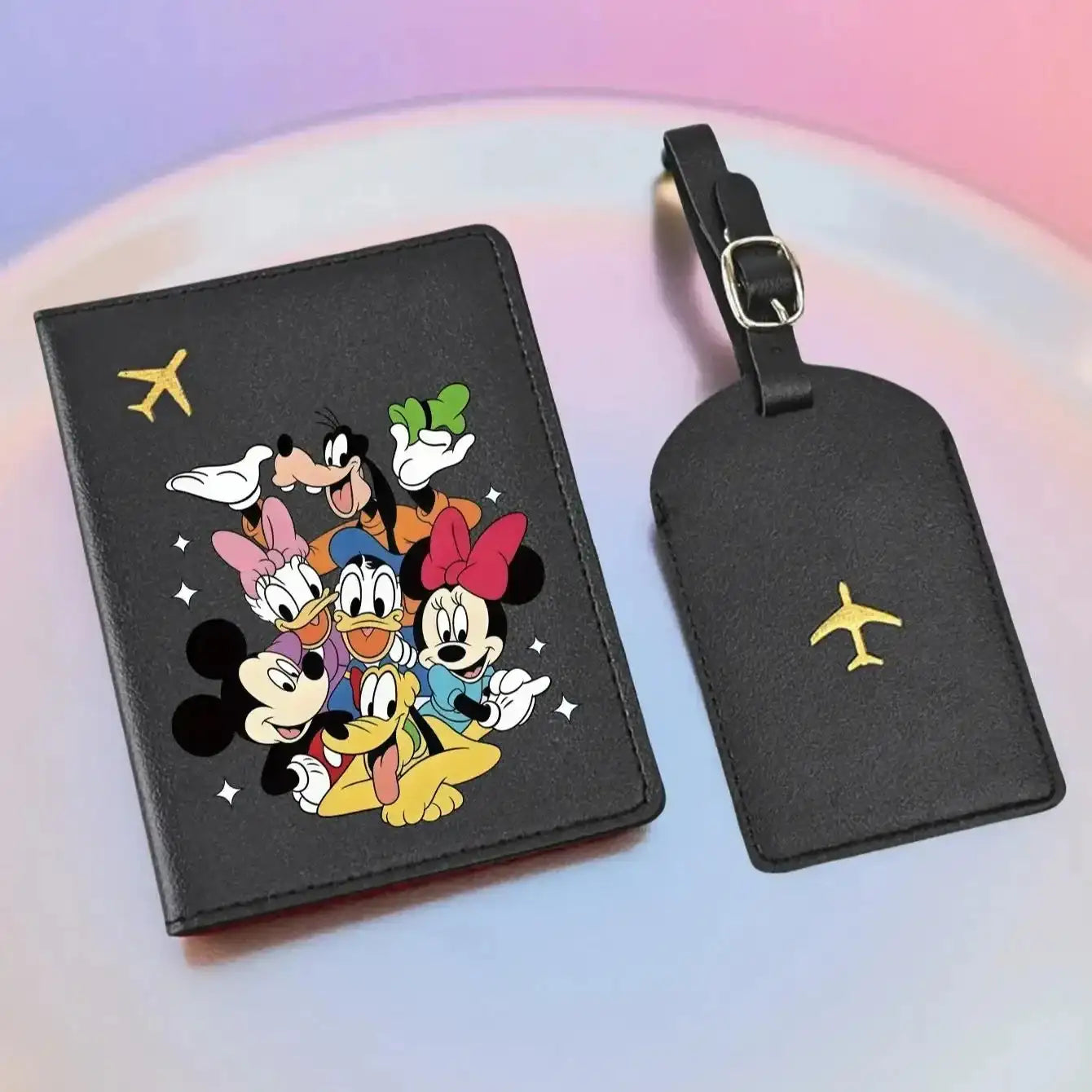 2PC Mickey Minnie Donald Passport Holder & Luggage Tag Set, PU Travel Wallet, Cute Travel Essentials Gift for All Ages Savoir voyager
