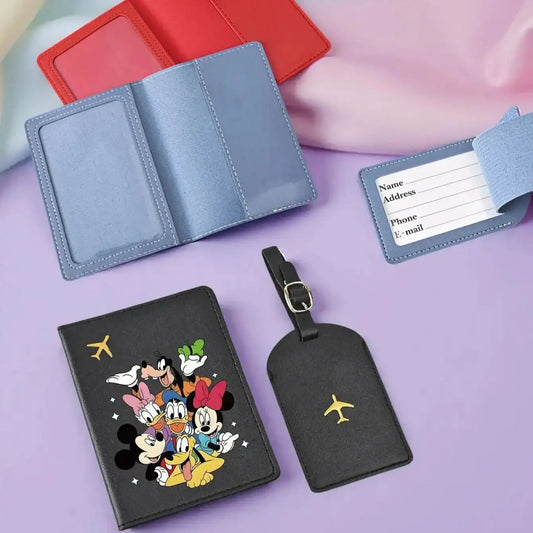 2PC Mickey Minnie Donald Passport Holder & Luggage Tag Set, PU Travel Wallet, Cute Travel Essentials Gift for All Ages Savoir voyager