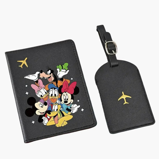 2PC Mickey Minnie Donald Passport Holder & Luggage Tag Set, PU Travel Wallet, Cute Travel Essentials Gift for All Ages Savoir voyager