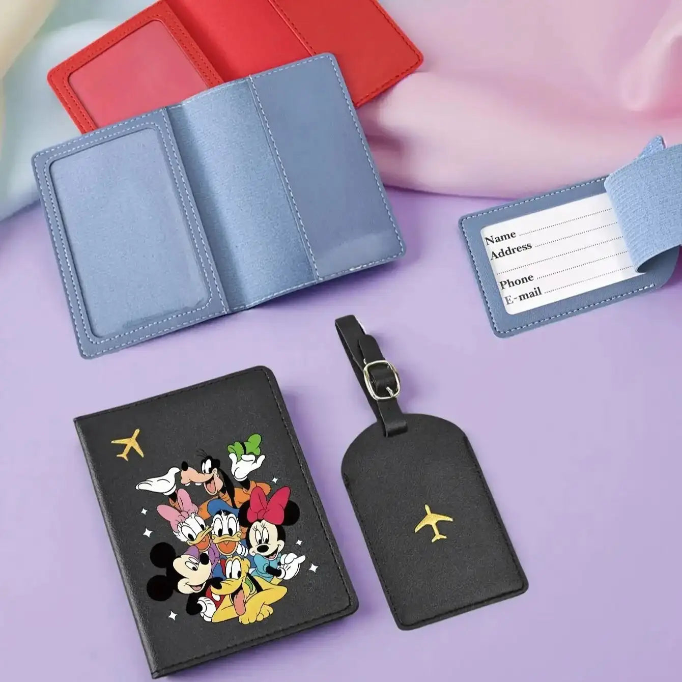2PC Mickey Minnie Donald Passport Holder & Luggage Tag Set, PU Travel Wallet, Cute Travel Essentials Gift for All Ages Savoir voyager