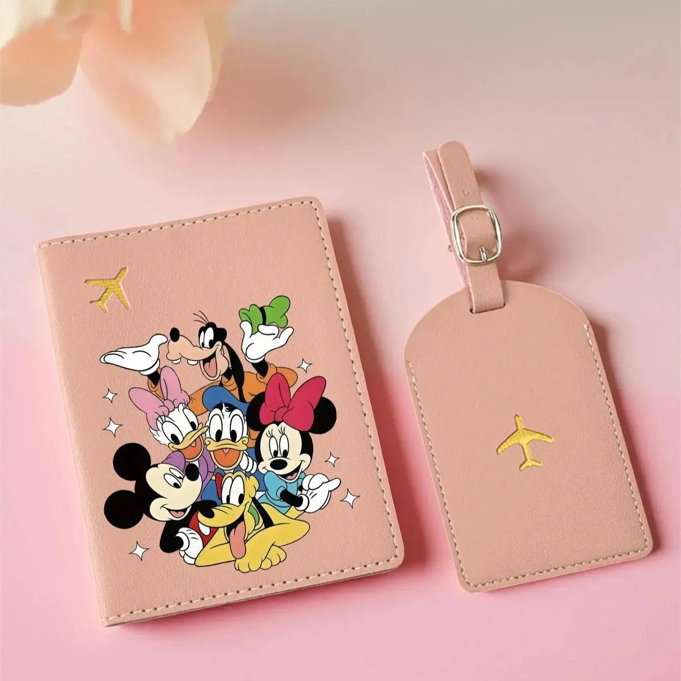 2PC Mickey Minnie Donald Passport Holder & Luggage Tag Set, PU Travel Wallet, Cute Travel Essentials Gift for All Ages Savoir voyager