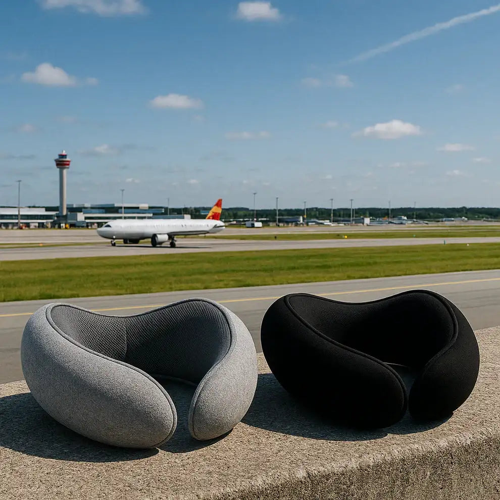 coussin à mémoire de forme en escargot pour mieux voyager sans avoir de douleur aux cervicales, parfait pour les voyages en avion ou en train